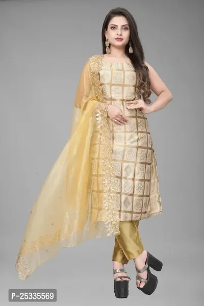 A-Line Beige Woven Design Jacquard kurta Set