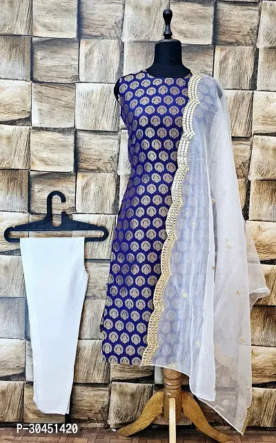 Elegant Navy Blue Woven Design Jacquard A-Line Kurta Pant With Dupatta For Women