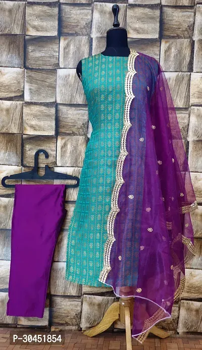 Elegant Teal Woven Design Jacquard A-Line Kurta Pant With Dupatta For Women