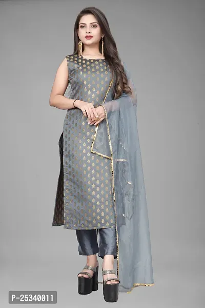 A-Line Grey Woven Design Jacquard kurta Set-thumb0