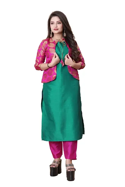 Stylish Soft Silk Kurta With Pant And Koti Set For Women