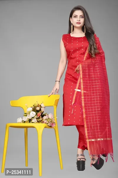 A-Line Red Woven Design Jacquard kurta Set-thumb0