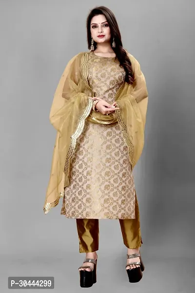 Stylish Beige Jacquard Kurta, Bottom And Dupatta Set For Women-thumb0