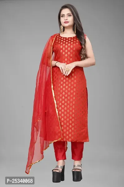 A-Line Red Woven Design Jacquard kurta Set-thumb0