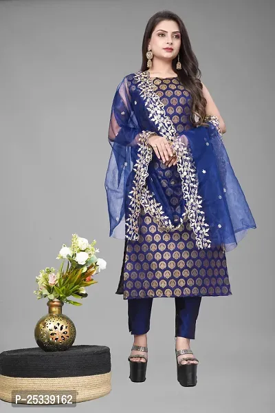 A-Line Navy Blue Woven Design Jacquard kurta Set