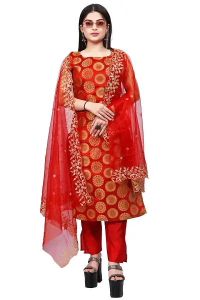 Womens Woven Design Kurta Pant With Dupatta Set