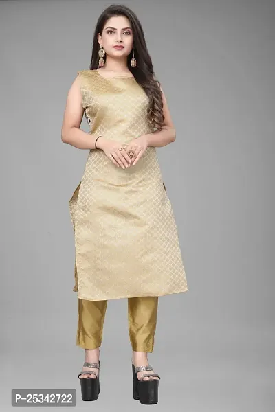 A-Line Beige Woven Design Jacquard kurta Set-thumb2