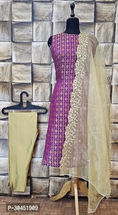 Elegant Purple Woven Design Jacquard A-Line Kurta Pant With Dupatta For Women