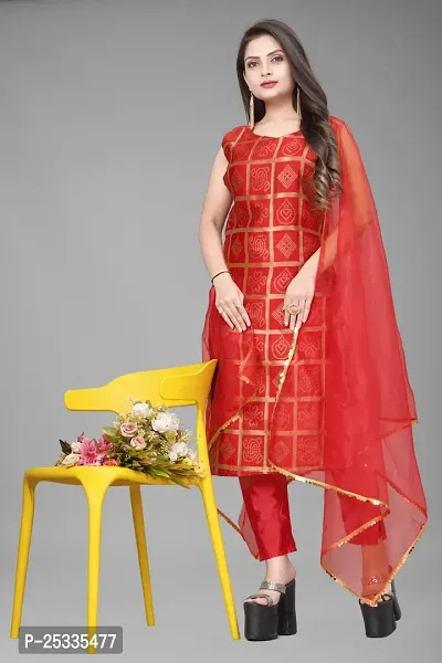 A-Line Red Woven Design Jacquard kurta Set