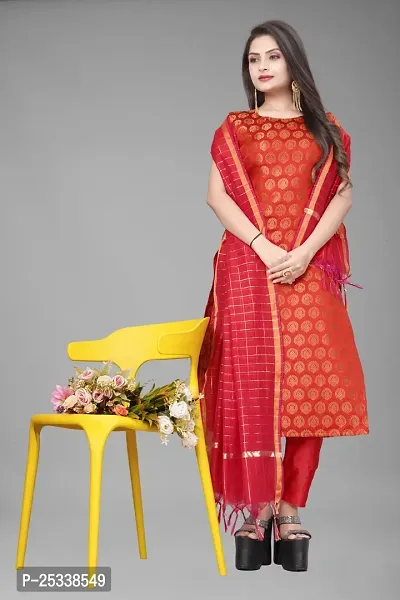 A-Line Red Woven Design Jacquard kurta Set