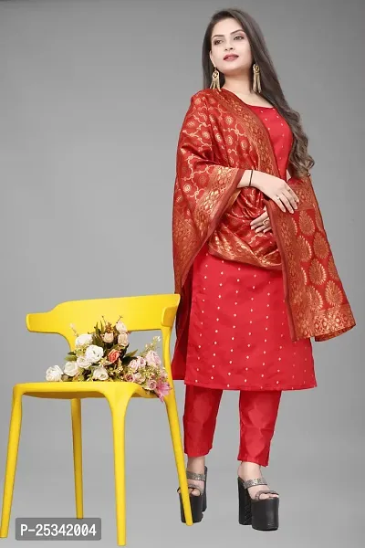 A-Line Red Woven Design Jacquard kurta Set-thumb0