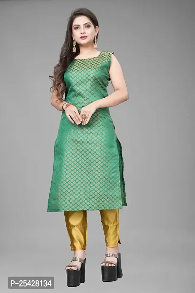 A-Line Teal Woven Design Jacquard Kurti-thumb0