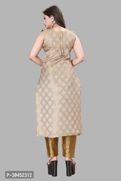 Elegant Beige Woven Design Jacquard A-Line Kurta Pant With Dupatta For Women-thumb3