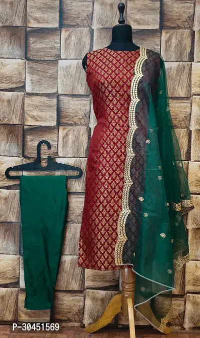 Stylish Maroon Jacquard Kurta, Bottom And Dupatta Set For Women-thumb0