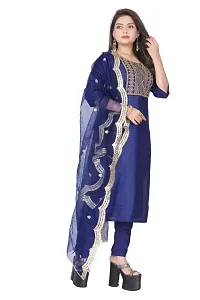 Stylish Navy Blue Silk Kurta, Bottom And Dupatta Set For Women-thumb1