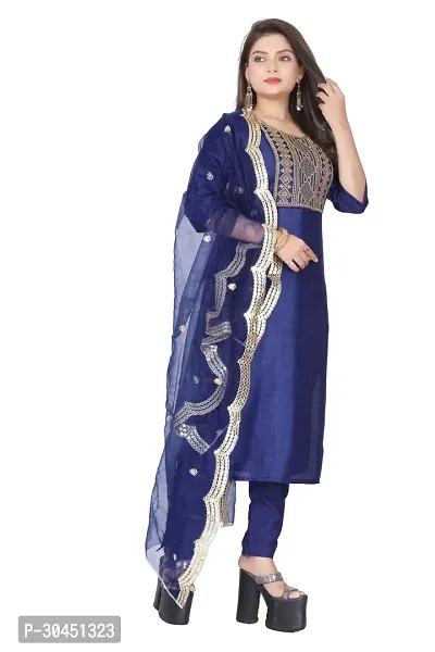 Stylish Navy Blue Silk Kurta, Bottom And Dupatta Set For Women-thumb2