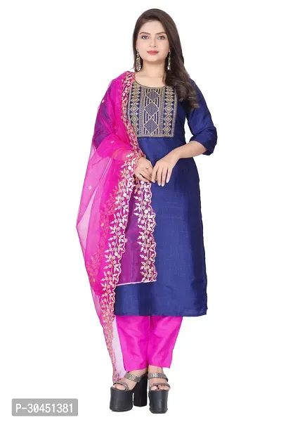 Stylish Navy Blue Silk Kurta, Bottom And Dupatta Set For Women