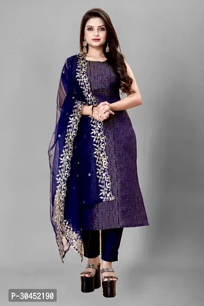 Elegant Navy Blue Woven Design Jacquard Kurta Pant With Dupatta For Women