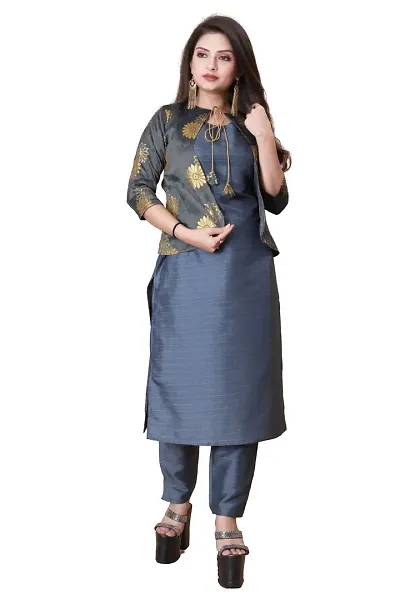 Stylish Soft Silk Kurta With Pant And Koti Set For Women