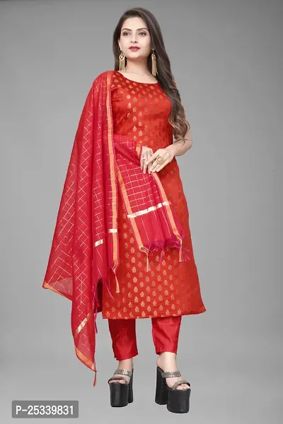 A-Line Red Woven Design Jacquard kurta Set