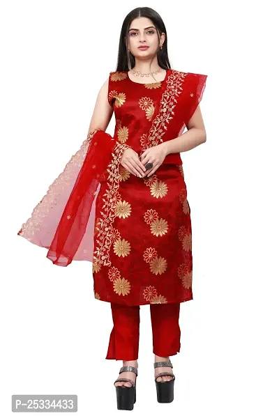 A-Line Red Woven Design Jacquard kurta Set-thumb0