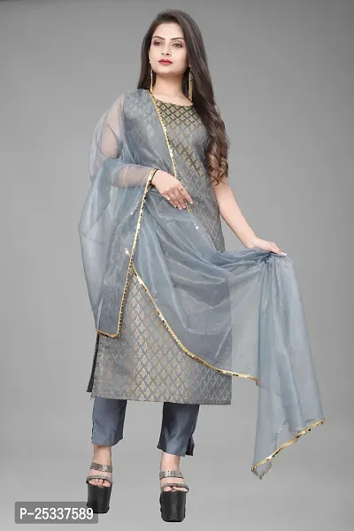 A-Line Grey Woven Design Jacquard kurta Set