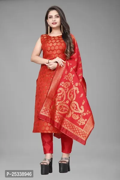 A-Line Red Woven Design Jacquard kurta Set-thumb0