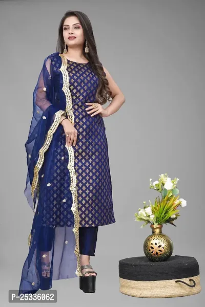 A-Line Navy Blue Woven Design Jacquard kurta Set