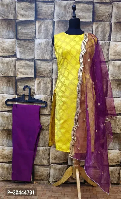 Stylish Yellow Jacquard Kurta, Bottom And Dupatta Set For Women-thumb0