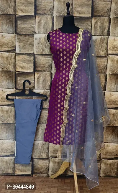 Stylish Purple Jacquard Kurta, Bottom And Dupatta Set For Women