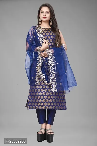 A-Line Navy Blue Woven Design Jacquard kurta Set