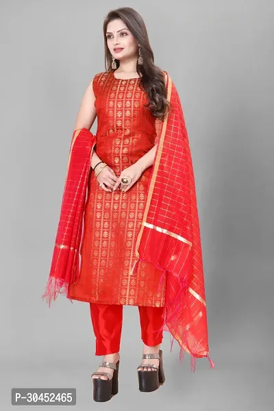 Elegant Red Woven Design Jacquard A-Line Kurta Pant With Dupatta For Women-thumb0