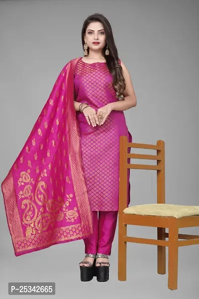 A-Line Pink Woven Design Jacquard kurta Set