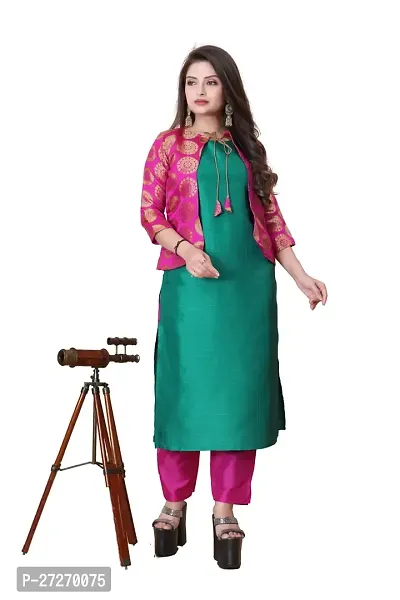 Stylish Soft Silk Kurta With Pant And Koti Set For Women-thumb0