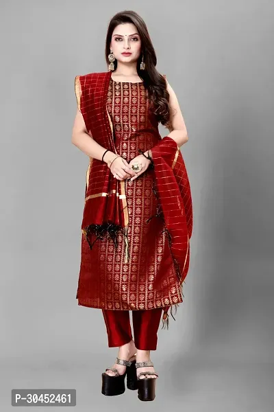 Elegant Maroon Woven Design Jacquard A-Line Kurta Pant With Dupatta For Women-thumb0