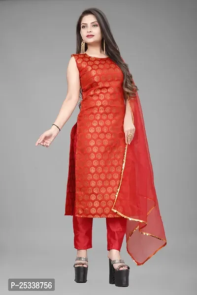 A-Line Red Woven Design Jacquard kurta Set-thumb0