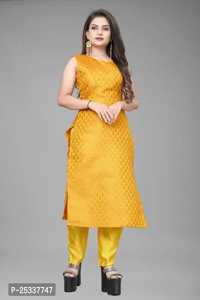 A-Line Yellow Woven Design Jacquard kurta Set-thumb2