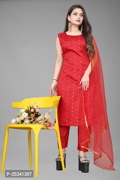 A-Line Red Woven Design Jacquard kurta Set