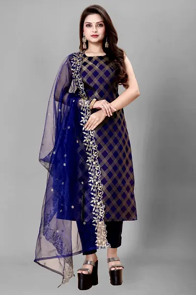 Stylish Jacquard Kurta And Pant With Dupatta Set For Women