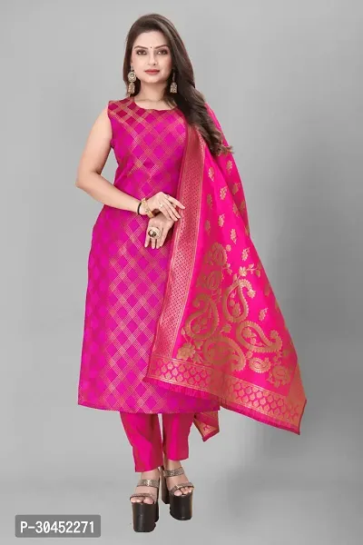 Elegant Pink Woven Design Jacquard A-Line Kurta Pant With Dupatta For Women