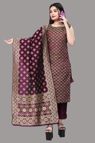 Stylish Jacquard Kurta And Pant With Dupatta Set For Women