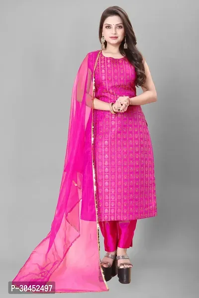 Elegant Pink Woven Design Jacquard A-Line Kurta Pant With Dupatta For Women