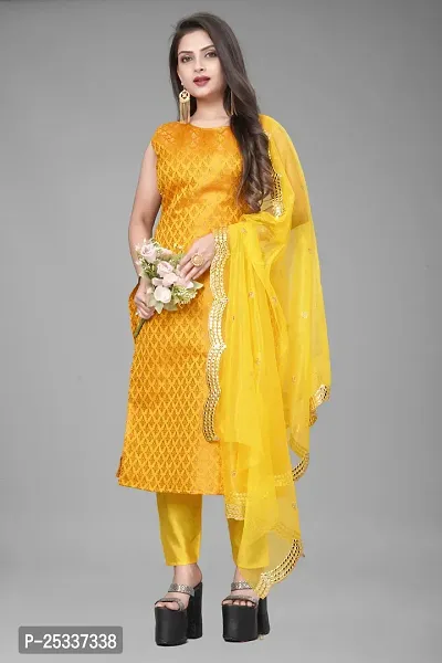 A-Line Yellow Woven Design Jacquard kurta Set-thumb0