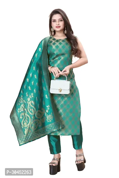 Elegant Teal Woven Design Jacquard A-Line Kurta Pant With Dupatta For Women