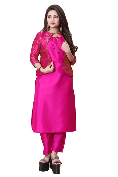 Stylish Soft Silk Kurta With Pant And Koti Set For Women