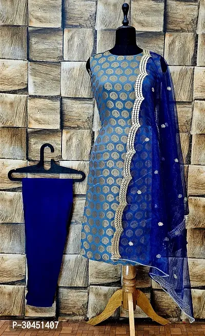 Elegant Grey Woven Design Jacquard A-Line Kurta Pant With Dupatta For Women