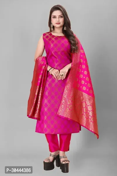 Stylish Pink Jacquard Kurta, Bottom And Dupatta Set For Women-thumb0