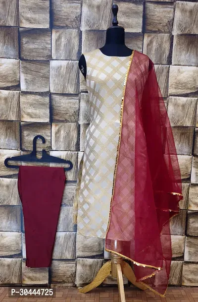 Stylish Cream Jacquard Kurta, Bottom And Dupatta Set For Women-thumb0