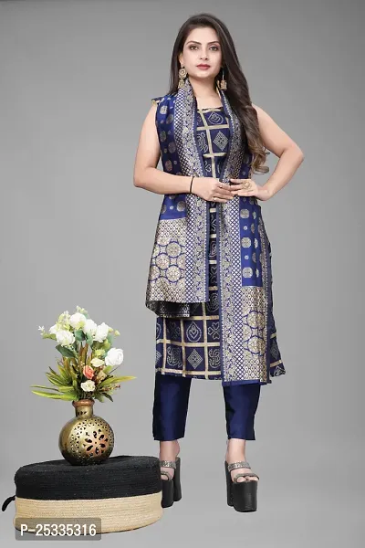 A-Line Navy Blue Woven Design Jacquard kurta Set-thumb0