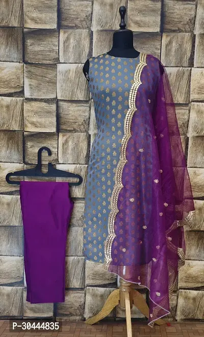 Stylish Grey Jacquard Kurta, Bottom And Dupatta Set For Women